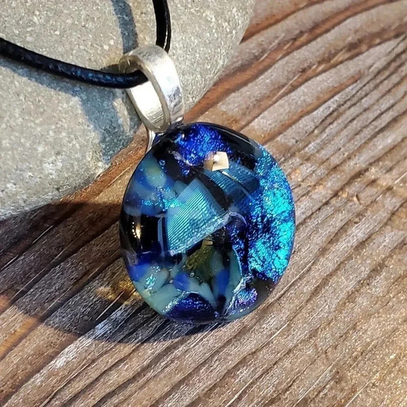 Dichroic Fused Art Glass Round Blue Black Pendant Black Leather Cord Necklace D - Picture 2 of 8